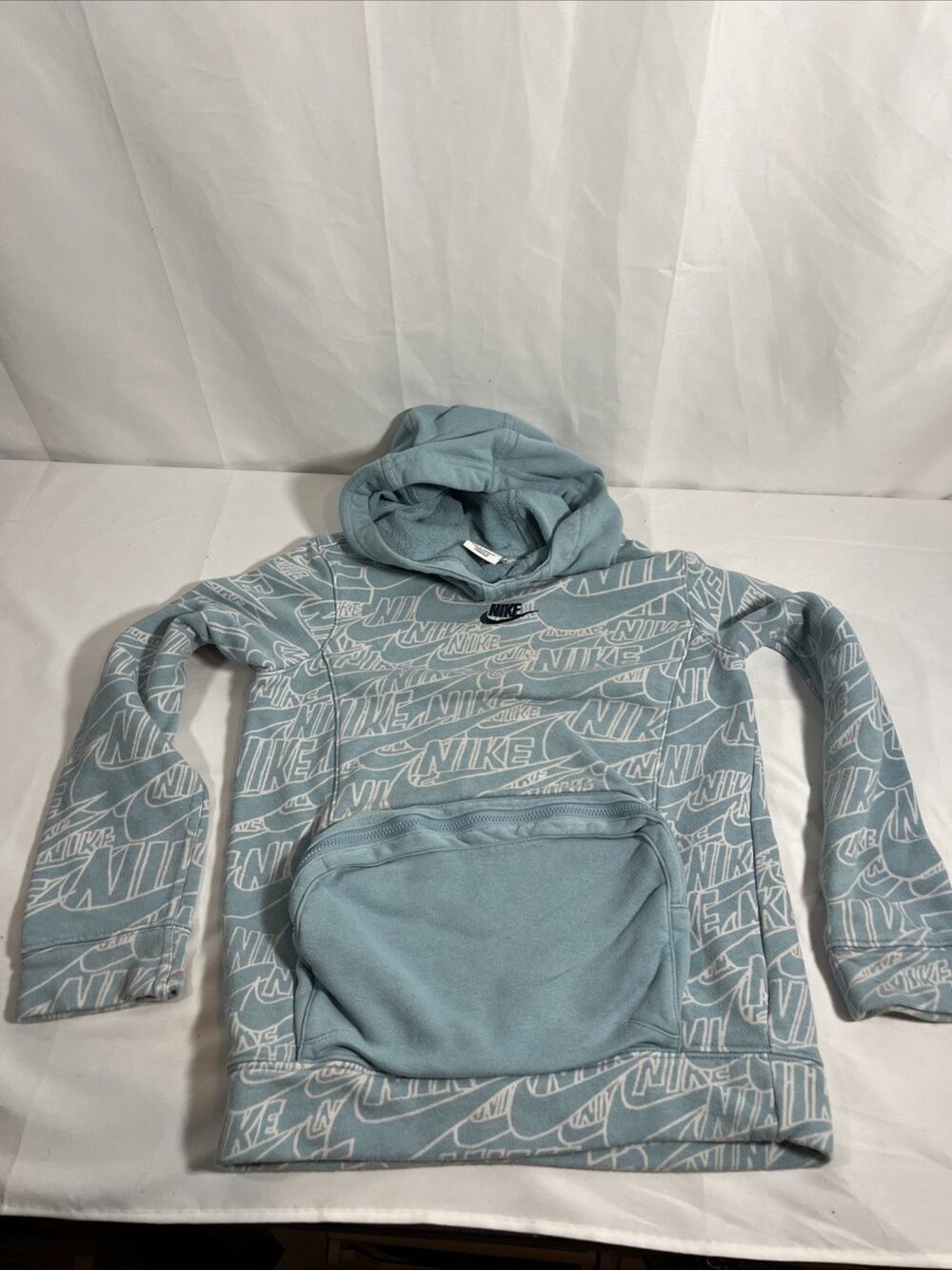 Nike Light Blue All Over Print Logo Zippered Pocket Pullover Hoodie Size YS